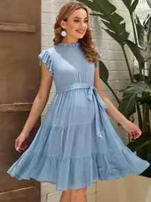 SHEIN Maternity Frill Trim Butterfly Sleeve Ruffle Hem Belted Dress - Baby Blue - View 4