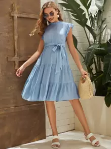 SHEIN Maternity Frill Trim Butterfly Sleeve Ruffle Hem Belted Dress - Baby Blue - View 5