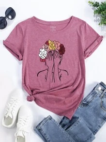 SHEIN LUNE Camiseta floral & con estampado de figura - Rosa vieja - Ver 1