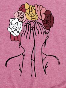 SHEIN LUNE Camiseta floral & con estampado de figura - Rosa vieja - Ver 5