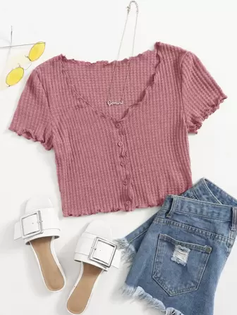 Camiseta tejida waffle ribete con encaje