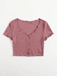 SHEIN EZwear Plus Lettuce Trim Waffle Knit Tee - Dusty Pink - View 3