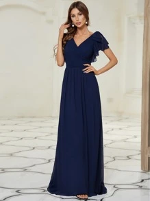 EVERPRETTY Butterfly Sleeve Ruched Bodice Chiffon Prom Dress Elegant Bridesmaid Dress