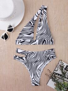 Zebra Print Cut Out Bikini, For Summer Beach Vacation - Black - View 4