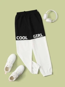 SHEIN Quần thể thao Con gái Dây kéo Lá thư - Đen và trắng - Xem 1