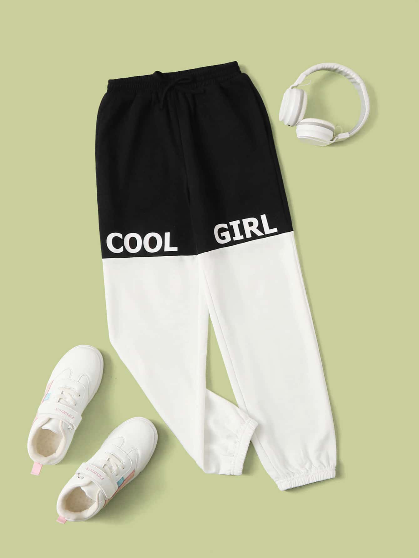 SHEIN Quần thể thao Con gái Dây kéo Lá thư - Đen và trắng - Xem 1