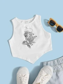 SHEIN 女孩中國龍印花不對稱下擺背心上衣 - 白色 - 查看 1