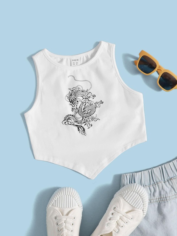SHEIN 女孩中國龍印花不對稱下擺背心上衣