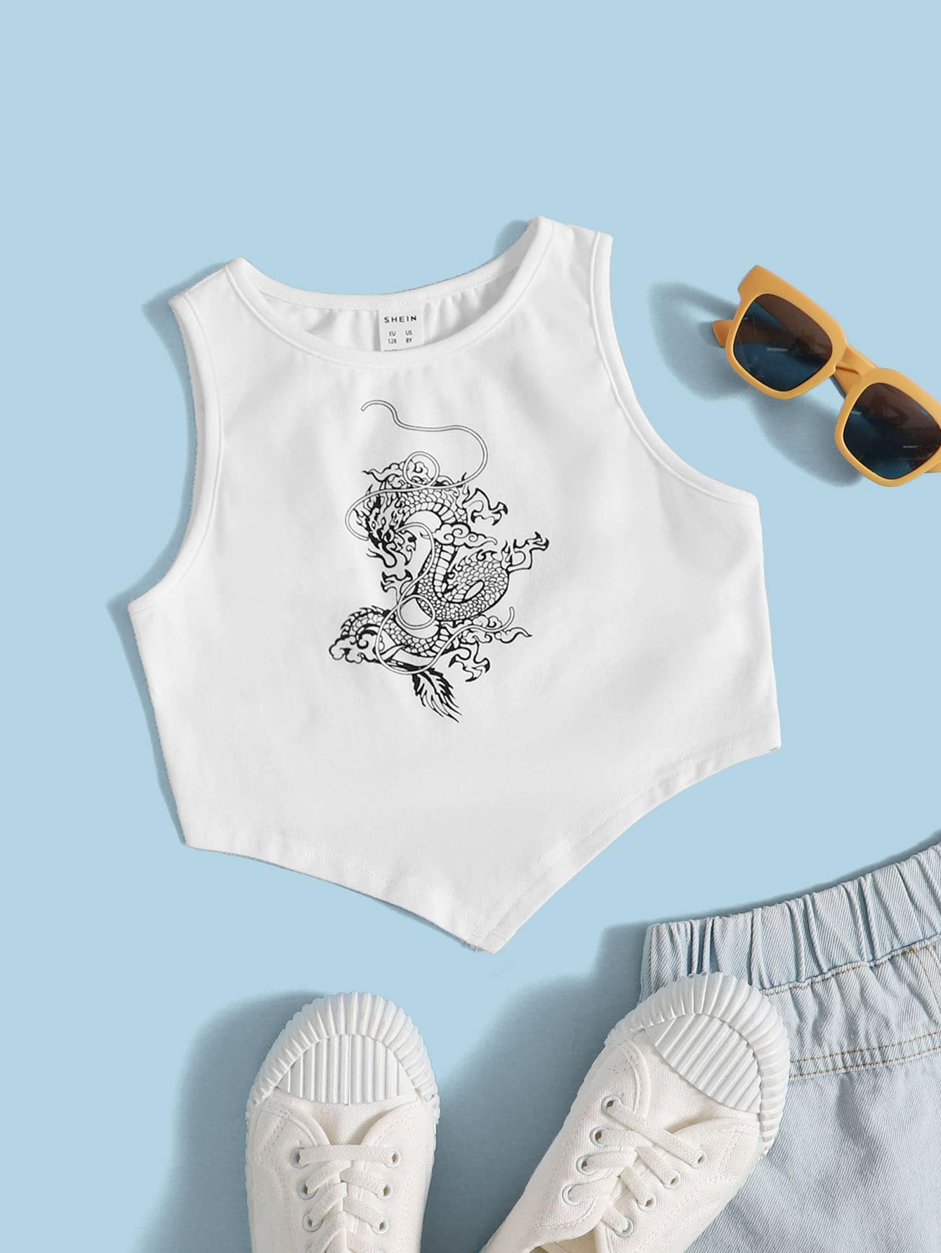 SHEIN 女孩中國龍印花不對稱下擺背心上衣 - 白色 - 查看 1