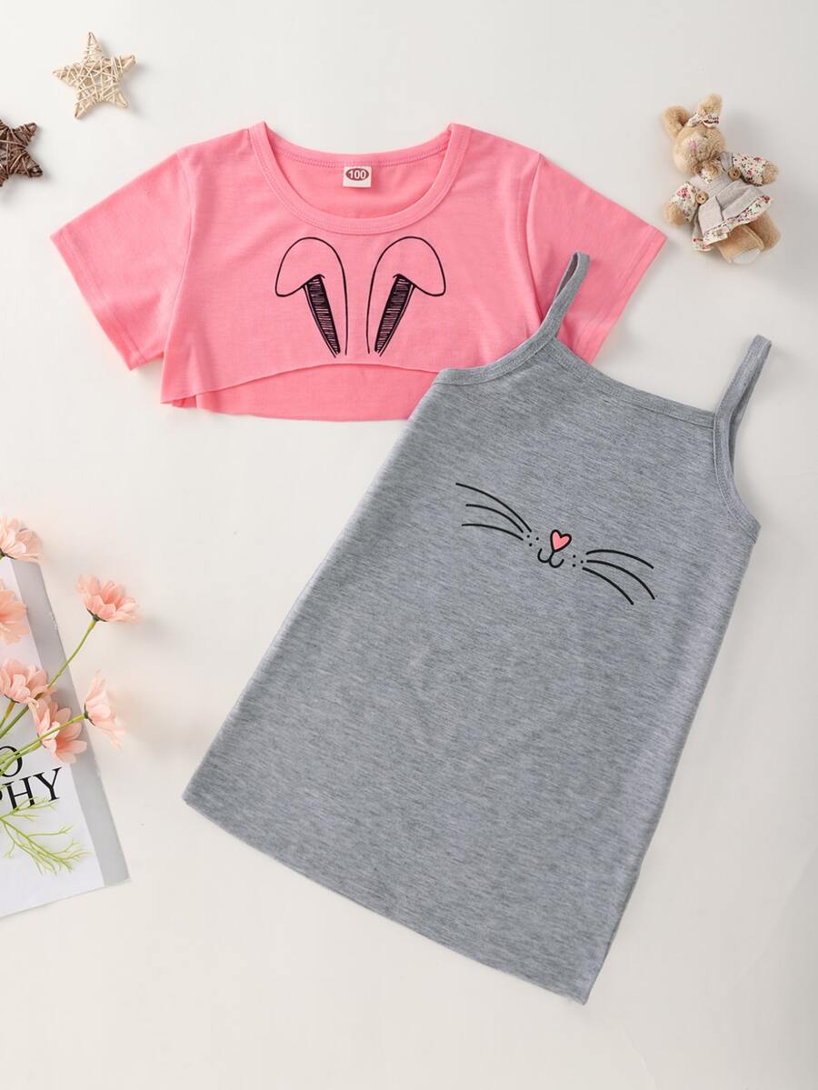 小女童卡通圖案超短款T恤和吊帶連衣裙 - 彩色 - 查看 1