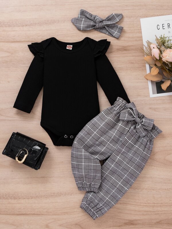 SHEIN Baby Girl Ruffle Trim Bodysuit & Plaid Print Paperbag Waist Sweatpants With Headband, For Christmas