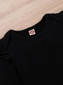 SHEIN 女婴荷叶边装饰连体衣和格子印花纸袋腰运动裤，配头带，圣诞节礼物 - 黑色 - 查看 3