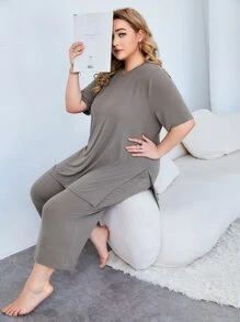 Plus Split Hem PJ Set - Grey - View 1