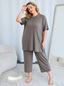 Plus Split Hem PJ Set - Grey - View 3
