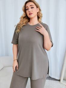 Plus Split Hem PJ Set - Grey - View 4