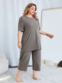 Plus Split Hem PJ Set - Grey - View 5