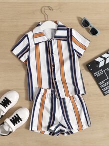 SHEIN 2pcs/Set Young Boy Striped Shirt & Shorts Set, Suitable For 4-7 Years Old Boys To Wear In Summer. Appropriate For School, Gathering, Outdoor, And Sports Activities. - Multicolor - View 1