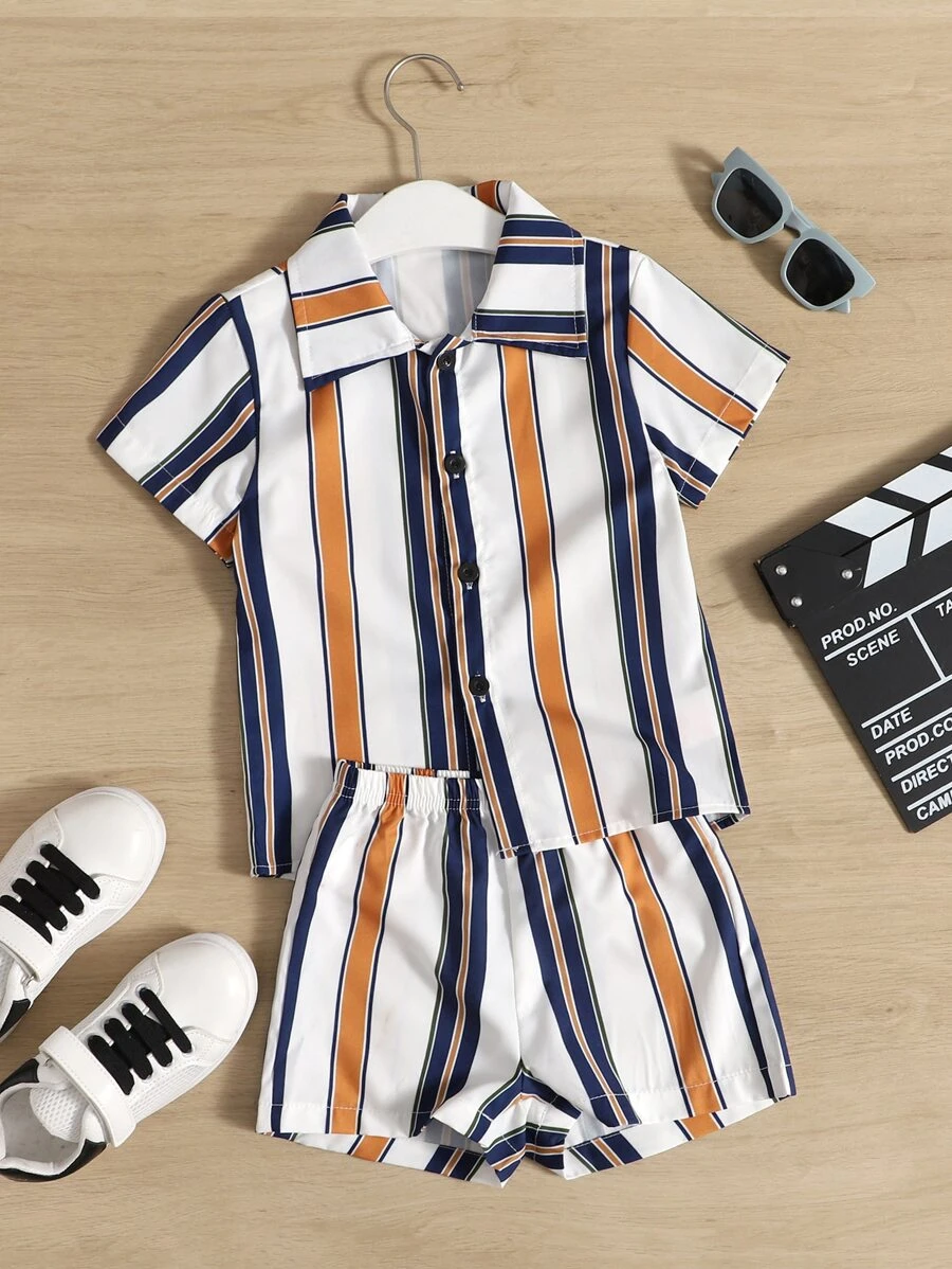 SHEIN 2pcs/Set Young Boy Striped Shirt & Shorts Set, Suitable For 4-7 Years Old Boys To Wear In Summer. Appropriate For School, Gathering, Outdoor, And Sports Activities. - Multicolor - View 1