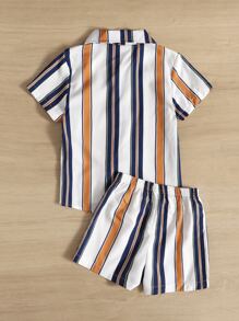 SHEIN 2pcs/Set Young Boy Striped Shirt & Shorts Set, Suitable For 4-7 Years Old Boys To Wear In Summer. Appropriate For School, Gathering, Outdoor, And Sports Activities. - Multicolor - View 2