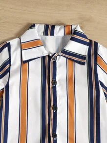 SHEIN 2pcs/Set Young Boy Striped Shirt & Shorts Set, Suitable For 4-7 Years Old Boys To Wear In Summer. Appropriate For School, Gathering, Outdoor, And Sports Activities. - Multicolor - View 3