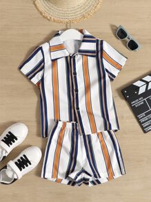 SHEIN 2pcs/Set Young Boy Striped Shirt & Shorts Set, Suitable For 4-7 Years Old Boys To Wear In Summer. Appropriate For School, Gathering, Outdoor, And Sports Activities. - Multicolor - View 5