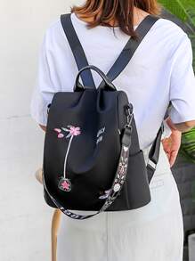 字母与花卉刺绣大容量背包花卉刺绣背包，尼龙多功能旅行包，带肩带，适合工作 花卉刺绣背包尼龙多功能旅行包，带肩带，适合工作 书包，轻便，便携，商务休闲，适合青少年女孩女大学生，非常适合返校、大学、中学、高中、工作、商务、通勤、体育场、运动、购物、度假 - 黑色 - 查看 4