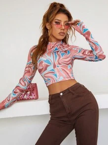 滿版印花小高領短款T恤 - 彩色 - 查看 1