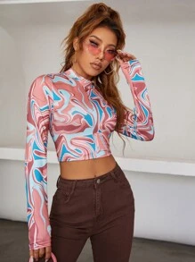 滿版印花小高領短款T恤 - 彩色 - 查看 4