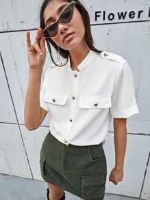 SHEIN Fake Pocket Button Front Blouse - White - View 3