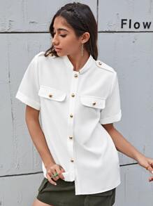 SHEIN Fake Pocket Button Front Blouse - White - View 4