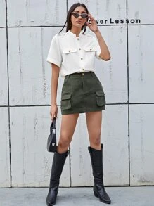 SHEIN Fake Pocket Button Front Blouse - White - View 5