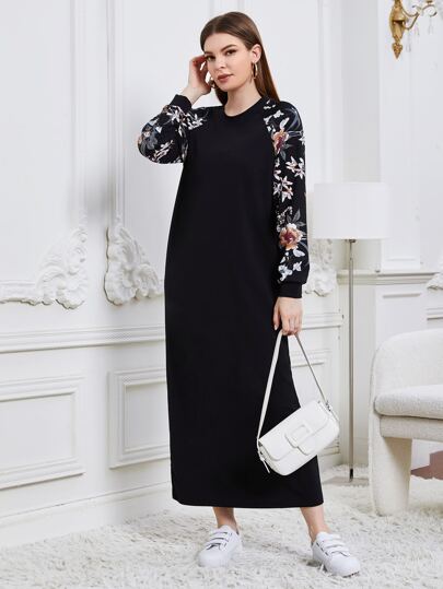 Mulvari Contrast Floral Raglan Sleeve Modest Long Sleeve Dress Modest Dress