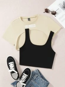 SHEIN Unity Crop Tank Top & Letter Graphic Tee - Multicolor - View 1