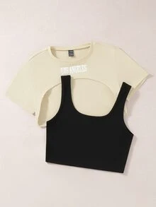 SHEIN Unity Crop Tank Top & Letter Graphic Tee - Multicolor - View 5