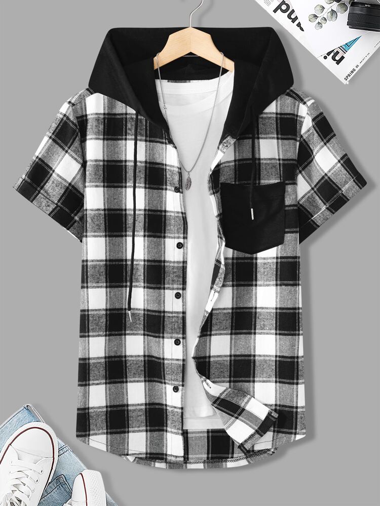 Men Plaid Patched Pocket Drawstring Hooded Shirt Without Tee, Slim Fit Short Sleeve Button Up Color Block Shirt