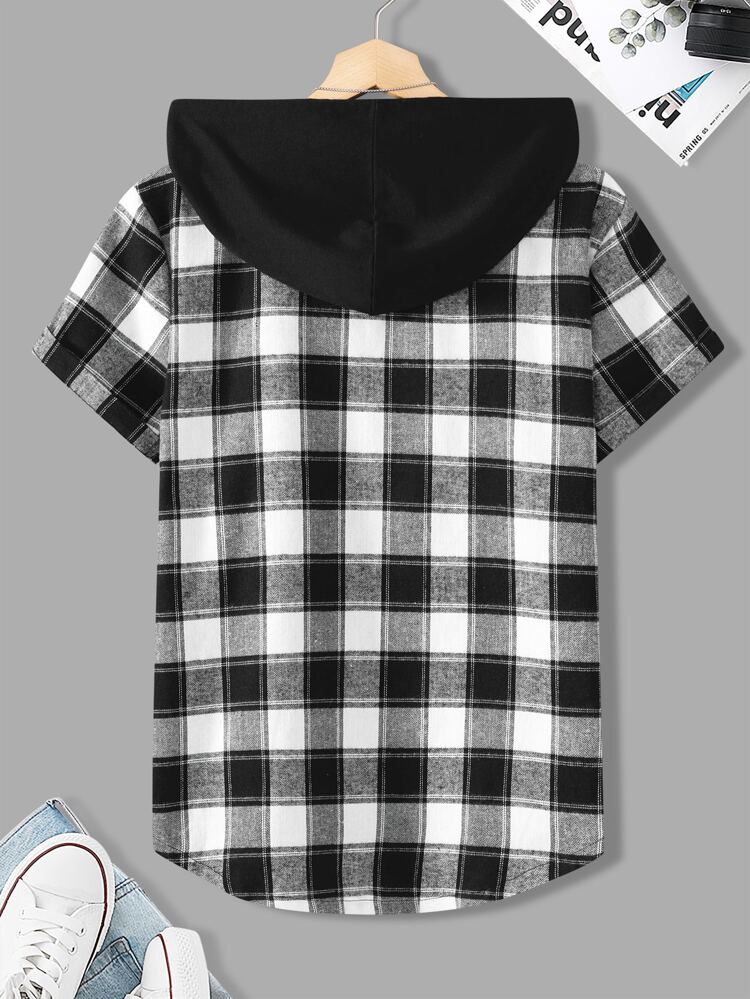 Men Plaid Patched Pocket Drawstring Hooded Shirt Without Tee, Slim Fit Short Sleeve Button Up Color Block Shirt