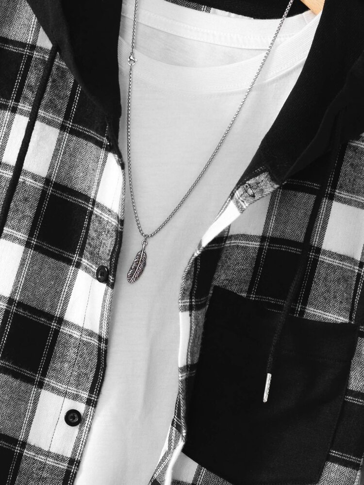 Men Plaid Patched Pocket Drawstring Hooded Shirt Without Tee, Slim Fit Short Sleeve Button Up Color Block Shirt