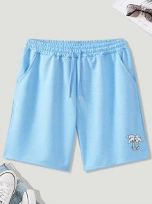 Manfinity Chillmode 男士戲水短褲,寬鬆版型,帶有束口腰帶,印有棕櫚樹圖案 - 淺藍色 - 查看 1