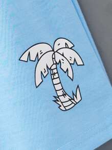 Manfinity Chillmode 男士戲水短褲,寬鬆版型,帶有束口腰帶,印有棕櫚樹圖案 - 淺藍色 - 查看 3