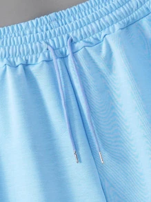 Manfinity Chillmode 男士戲水短褲,寬鬆版型,帶有束口腰帶,印有棕櫚樹圖案 - 淺藍色 - 查看 4