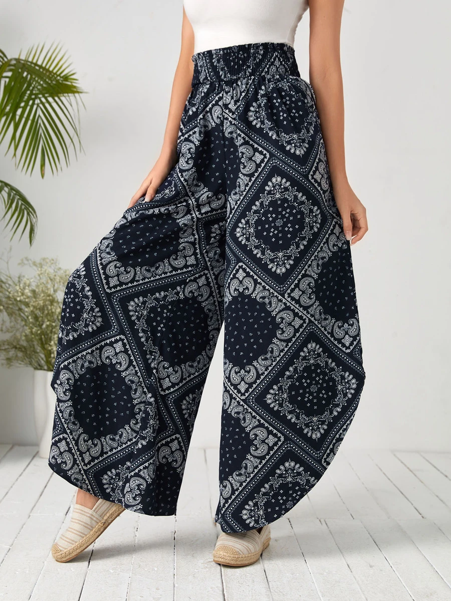 SHEIN 佩斯利印花闊腿高腰長褲 - 藍白色 - 查看 1