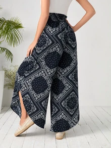 SHEIN 佩斯利印花闊腿高腰長褲 - 藍白色 - 查看 2