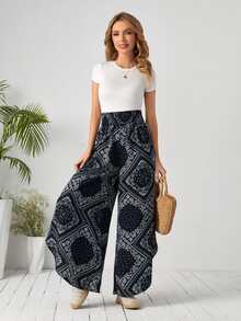 SHEIN 佩斯利印花闊腿高腰長褲 - 藍白色 - 查看 4