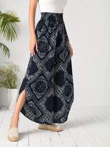 SHEIN 佩斯利印花闊腿高腰長褲 - 藍白色 - 查看 5