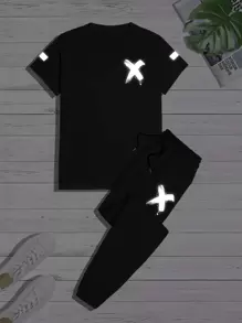 Manfinity Hombres reflectante con estampado de pincelada Camiseta & de cintura con cordón Pantalones deportivos - Negro - Ver 1