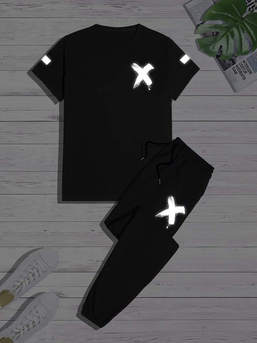 Manfinity Hombres reflectante con estampado de pincelada Camiseta & de cintura con cordón Pantalones deportivos - Negro - Ver 1