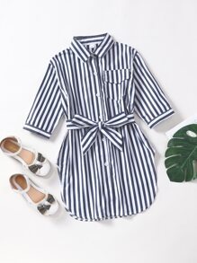 SHEIN Girls Vertical Striped Flap Pocket Belted Longline Blouse - Blue and White - View 1