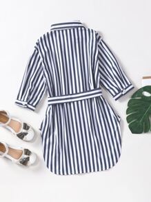 SHEIN Girls Vertical Striped Flap Pocket Belted Longline Blouse - Blue and White - View 2