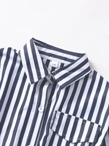 SHEIN Girls Vertical Striped Flap Pocket Belted Longline Blouse - Blue and White - View 3