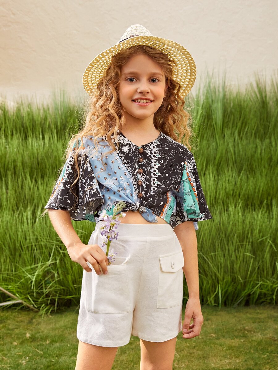 SHEIN Girls Floral Print Knot Hem Button Blouse - Multicolor - View 1